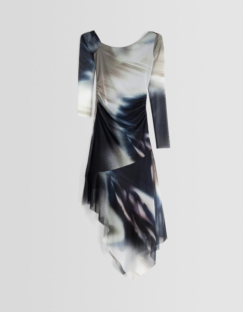 Vestido midi manga comprida assimétrico estampado-Azul escuro-5