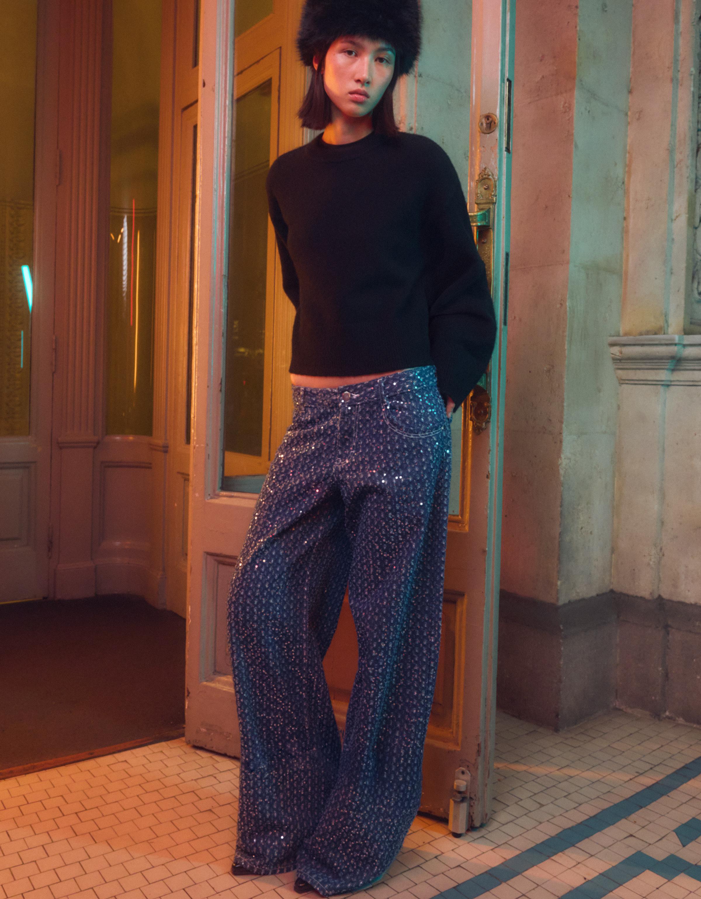 Bershka Jeans Mit Weitem Bein Und Pailletten Damen 34 Marinenblau