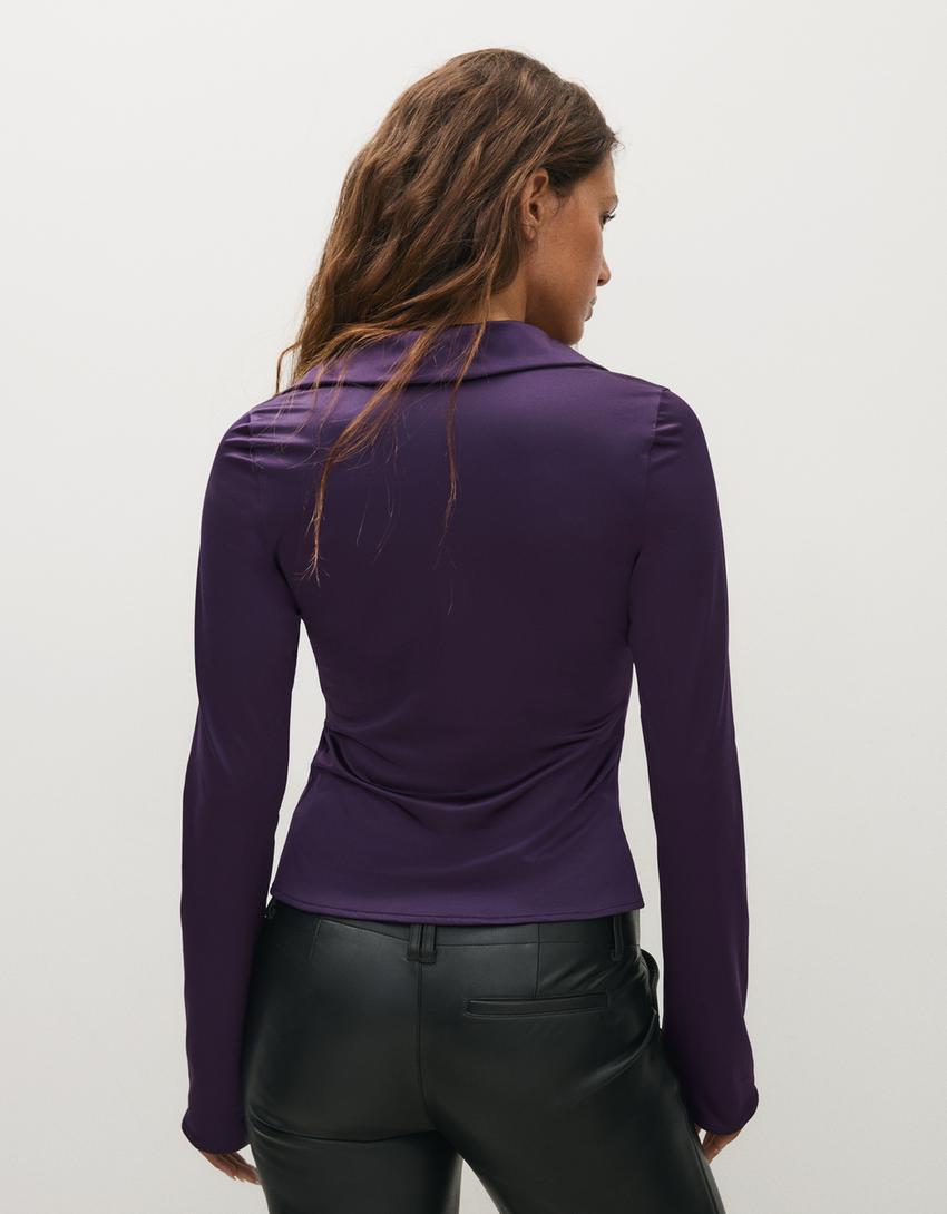 Long sleeve sateen T-shirt with ties-Violet