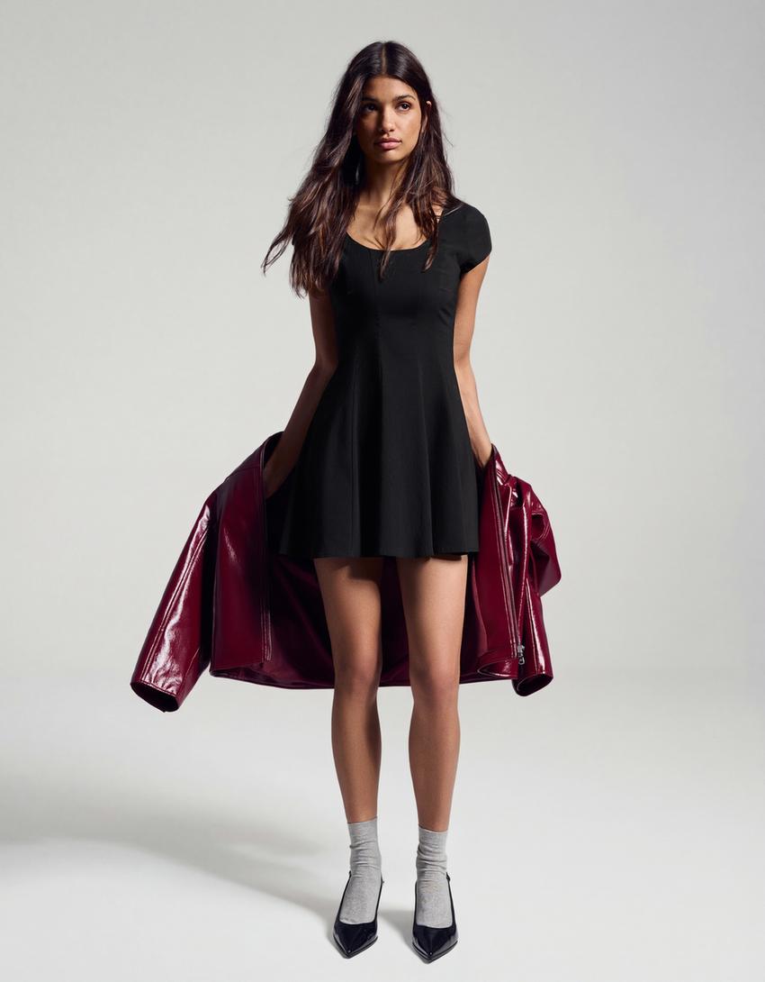 Bengaline mini dress with flared skirt-Black