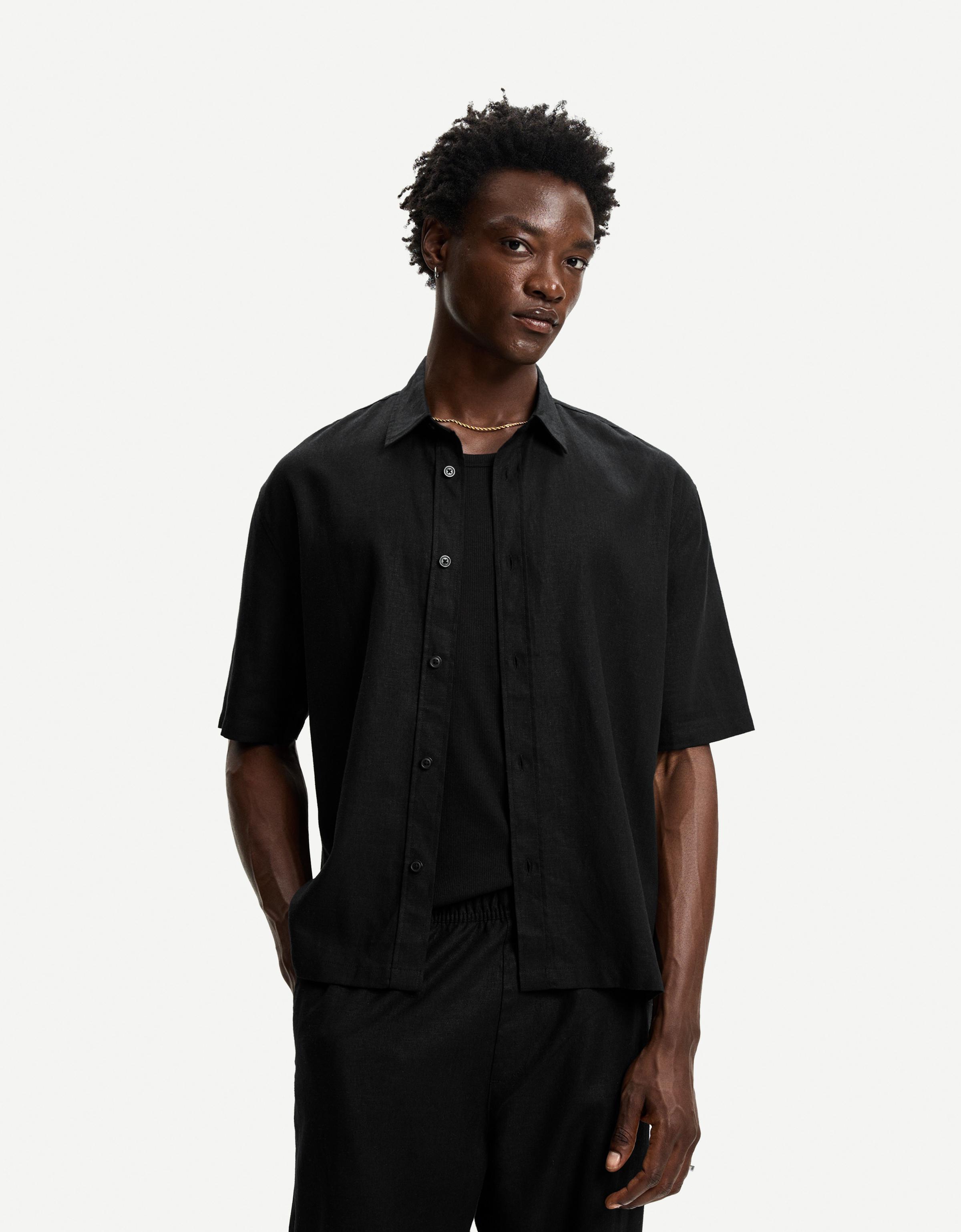 Bershka Kurzarmhemd Mit Leinenanteil Herren Xs Schwarz