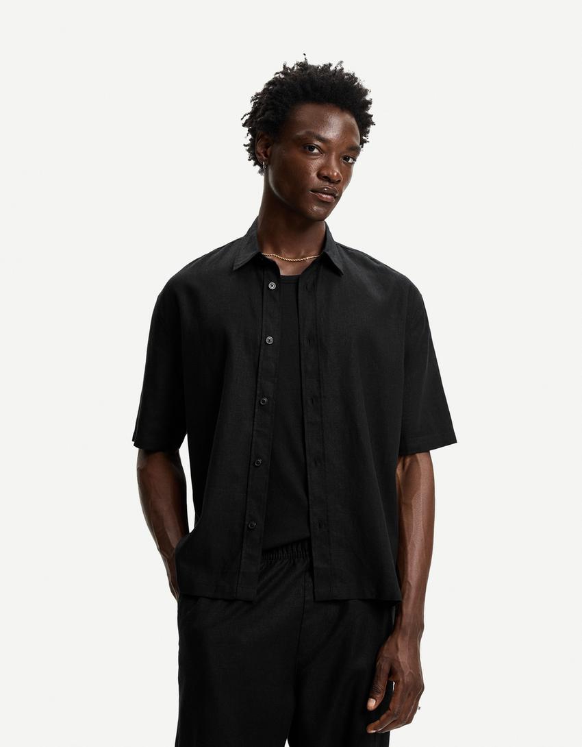 Camisa manga corta con lino-Negro-0