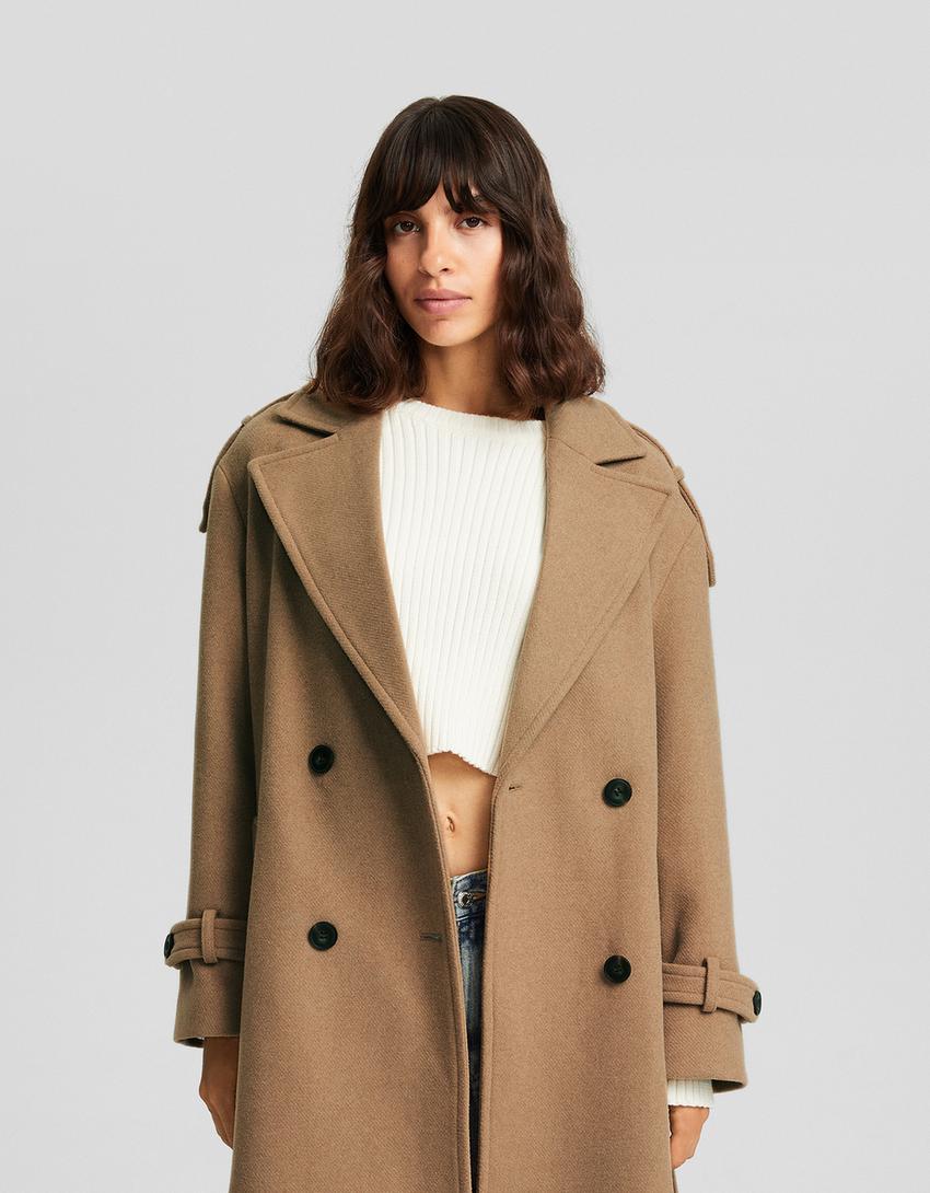 Manteau trench en laine-Camel-1