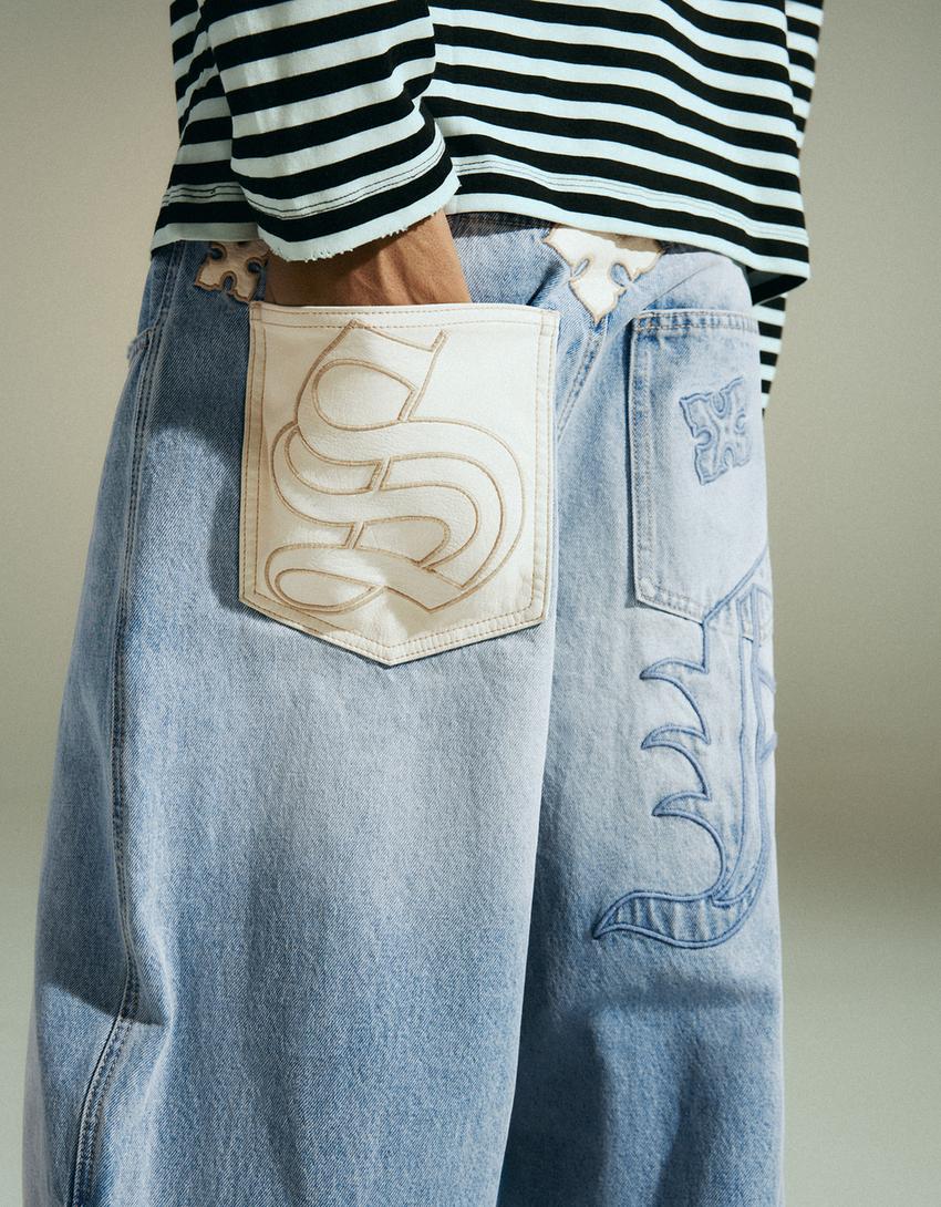 Jeans barrel parches-Azul claro