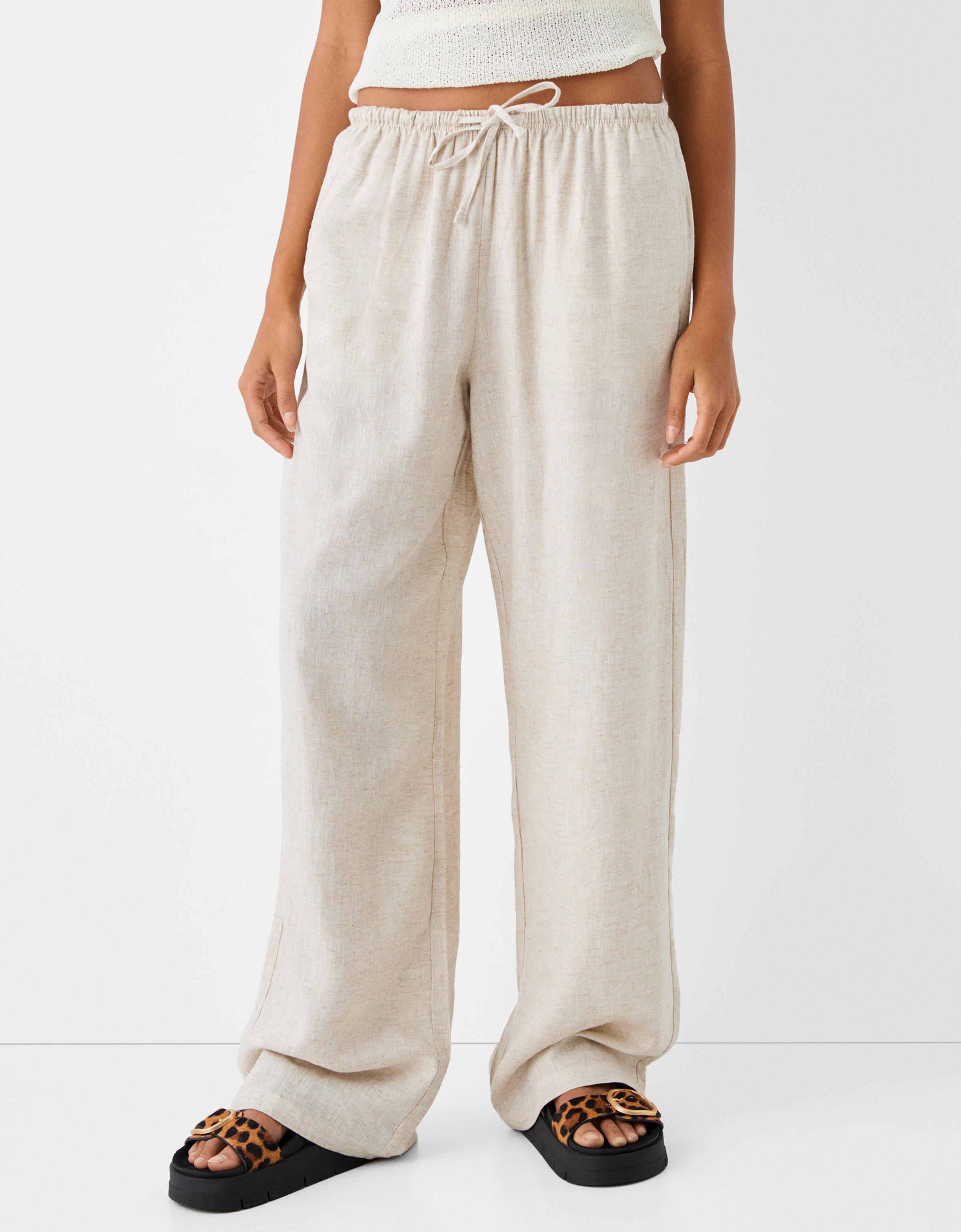 Bershka Straight-Fit-Hose Mit Leinen Und Stretchbund Damen Xs Rohweiß