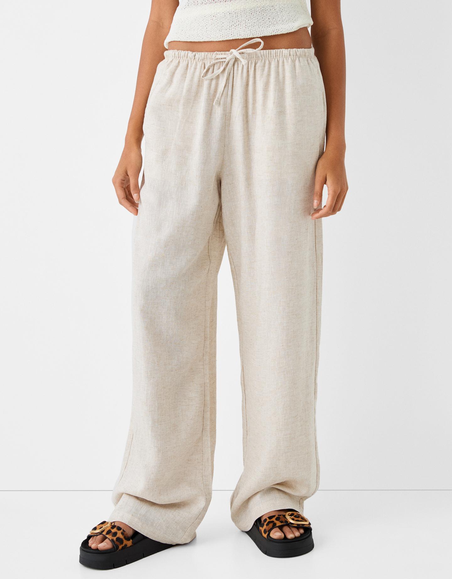 Bershka Pantaloni Straight Fit In Misto Lino Con Vita Elasticizzata Donna L Avorio