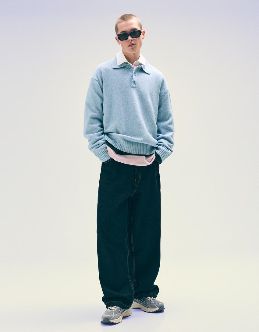 Pull col polo-Bleu clair