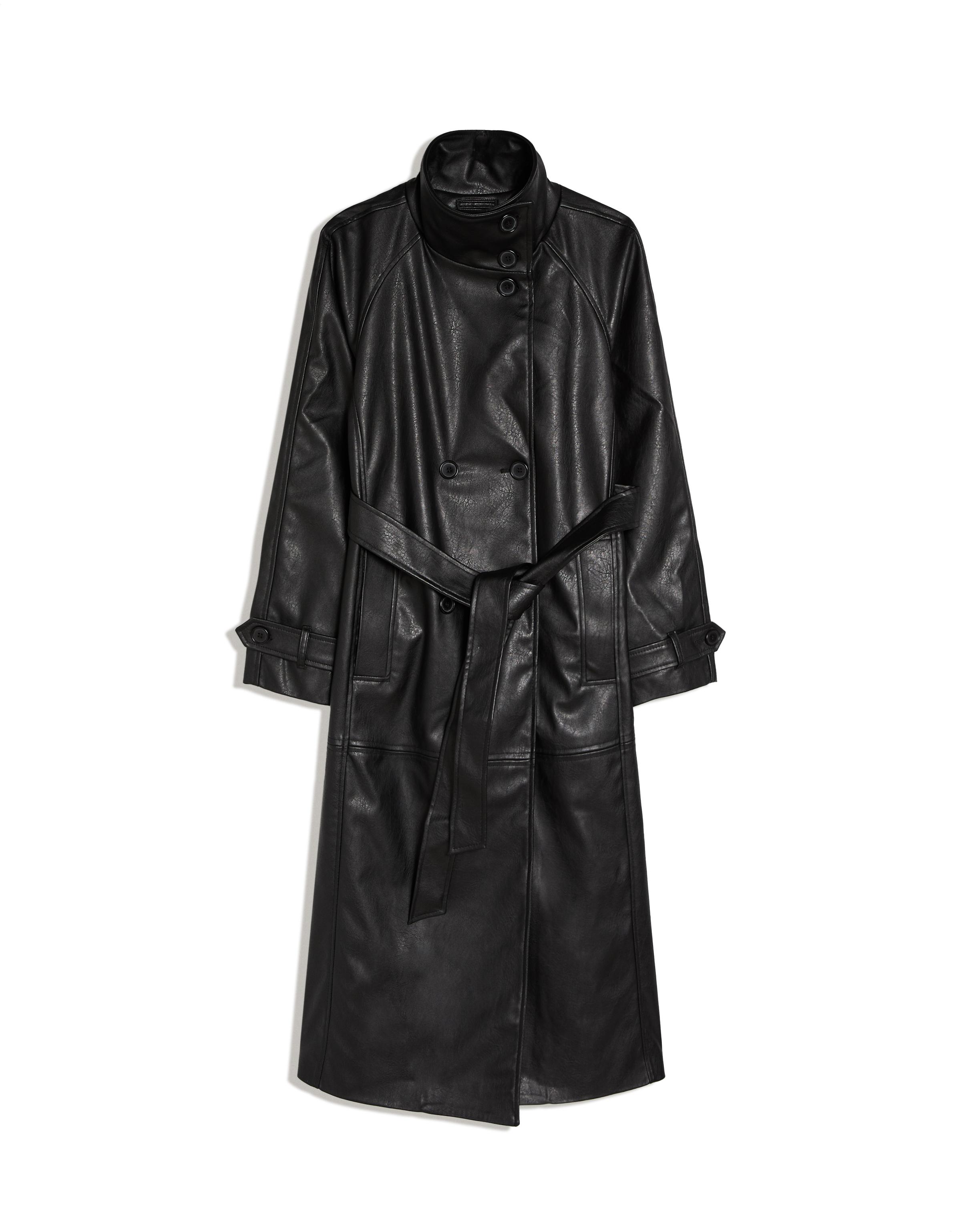 Long leather effect belt trench coat with funnel neck — Black