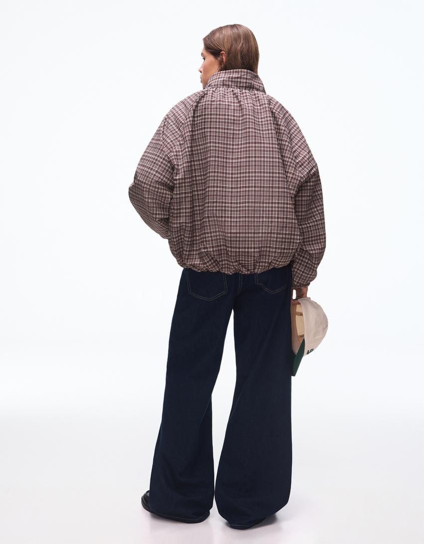 Oversize check zip-up jacket-Brown