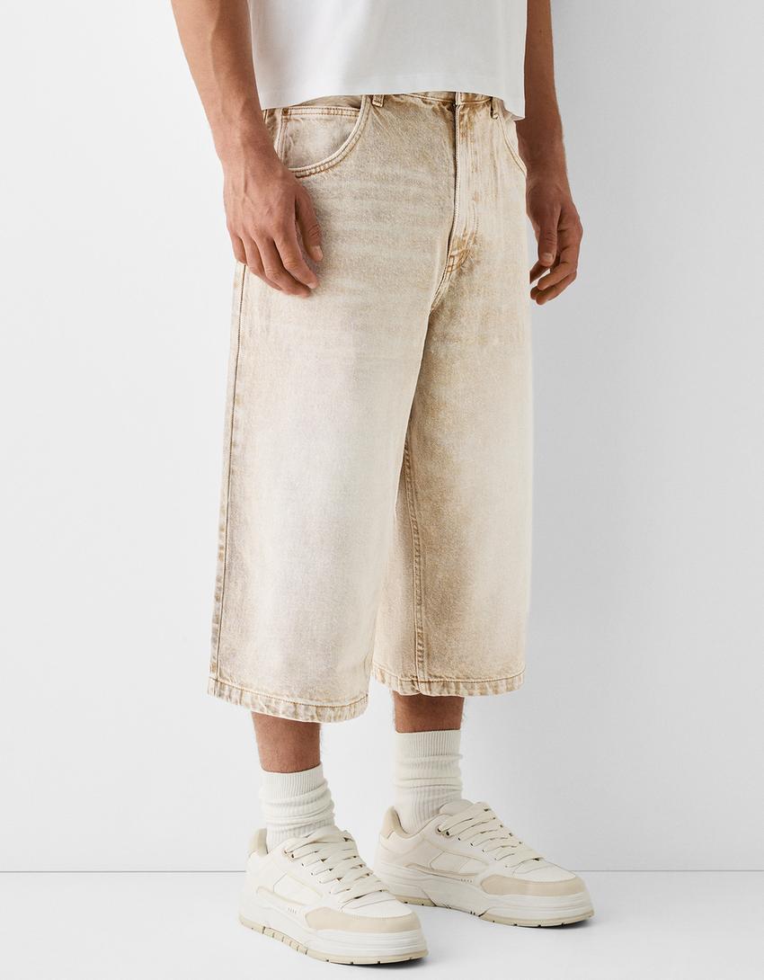 Super baggy denim Bermuda jorts-Cream