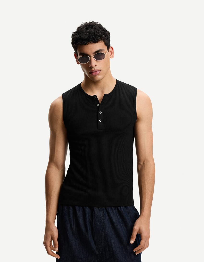 Tank Top Camisa De Tirantes Negra Hombre Camiseta Tirantes Botones
