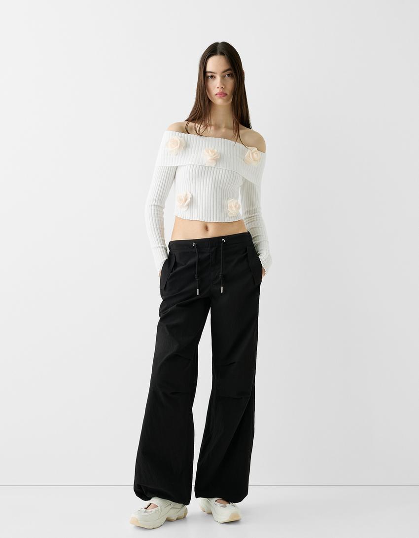 Ribbed long sleeve Bardot T-shirt-Cream-3