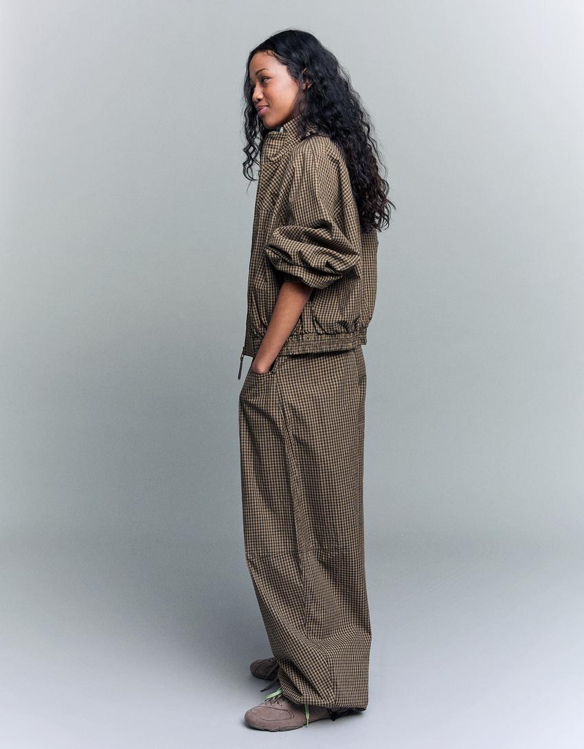 Checked parachute trousers-Camel