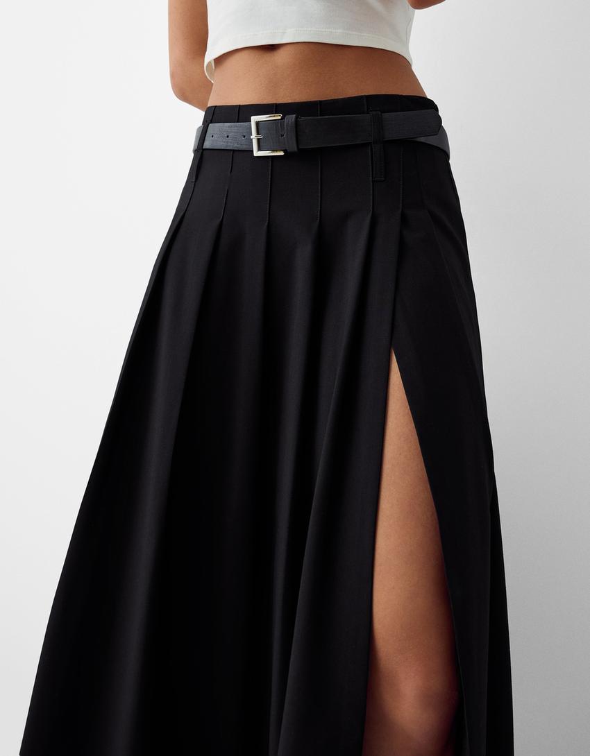 Tailored fit box pleat midi skirt with belt and split-Black-3