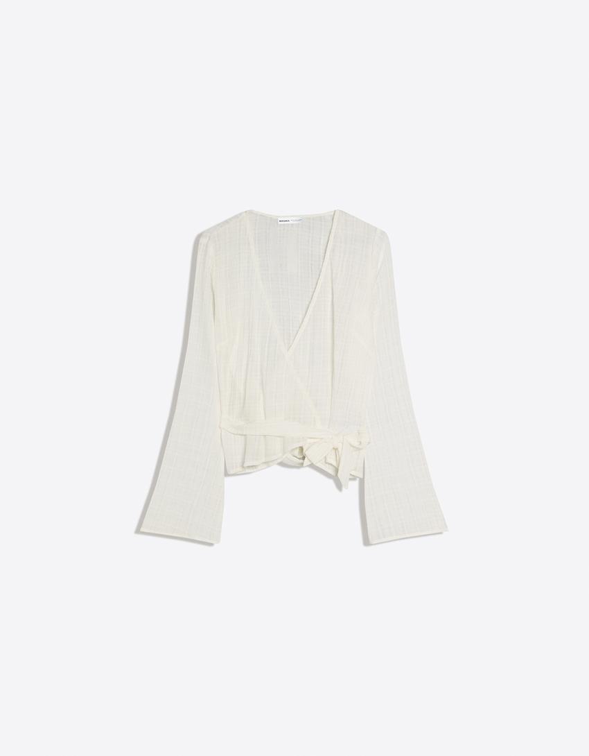 Bluzka kopertowa z nadrukiem-Kremowy