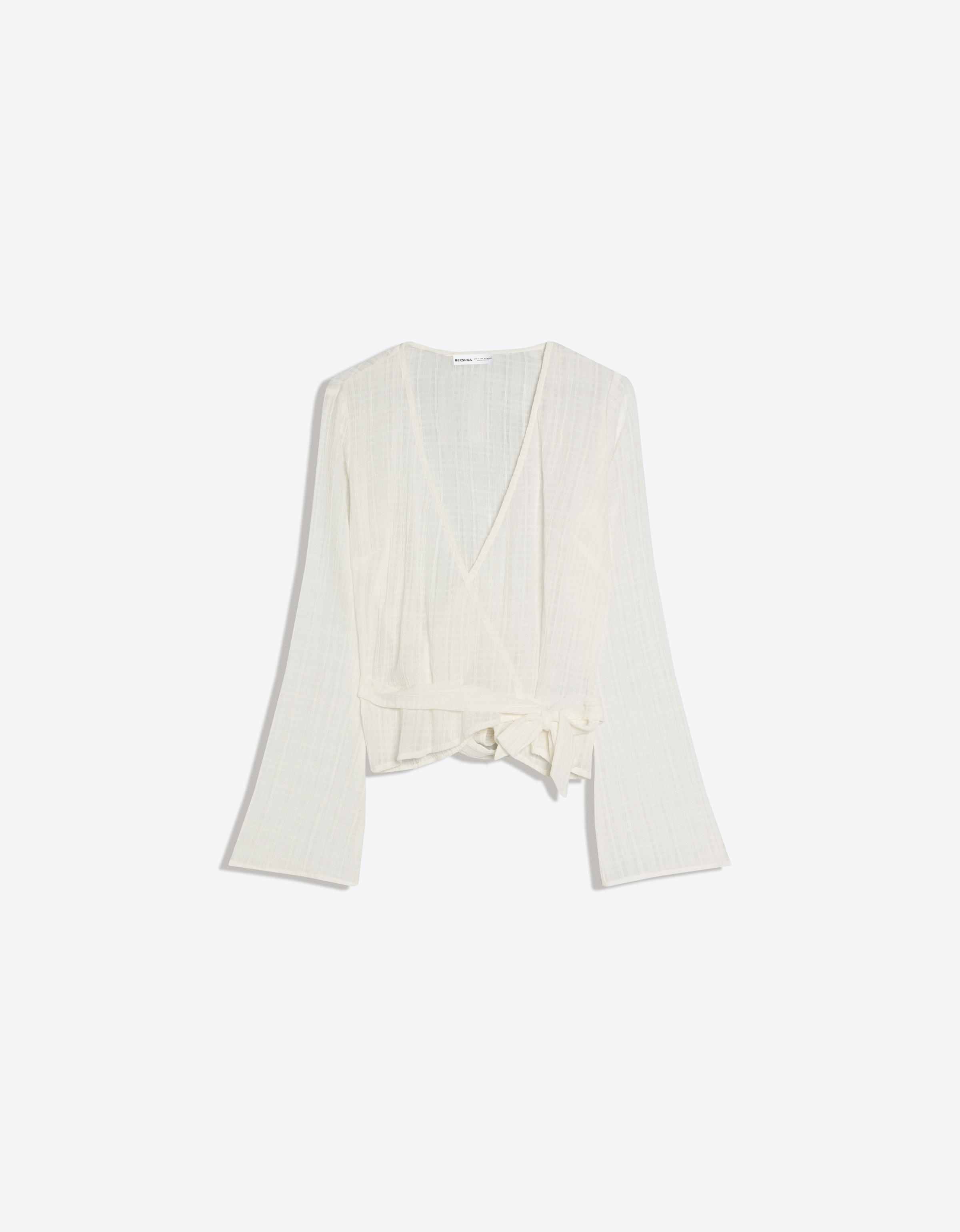 Bershka Wickelbluse Mit Print Damen Xs Rohweiß