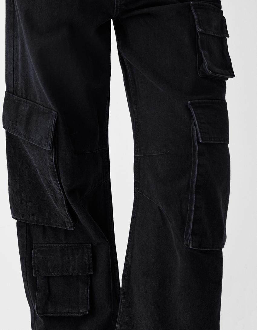 بنطال جينز كارغو متعدد الجيوب-أسود-5