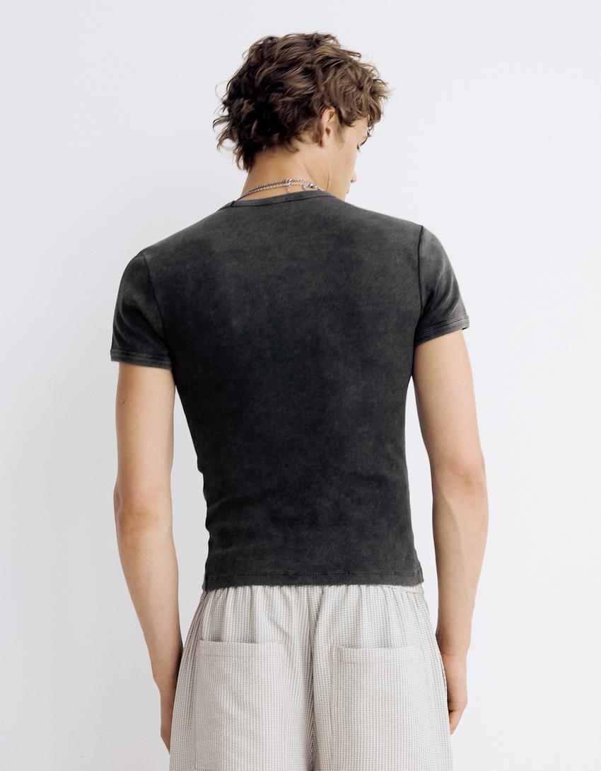 Ribbed slim fit T-shirt-Grey