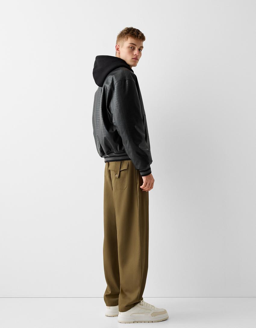 Blouson similicuir imprimé animal broderie-Noir-1