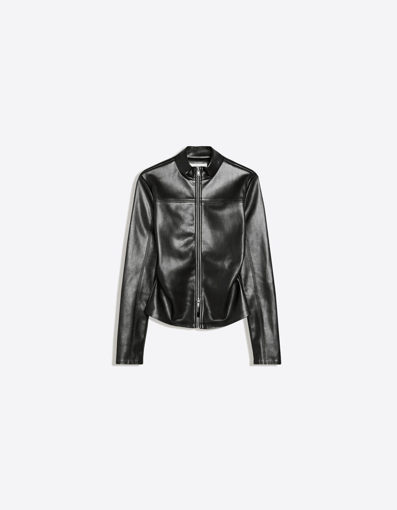 Fitted leather-effect zip-up shirt — Black