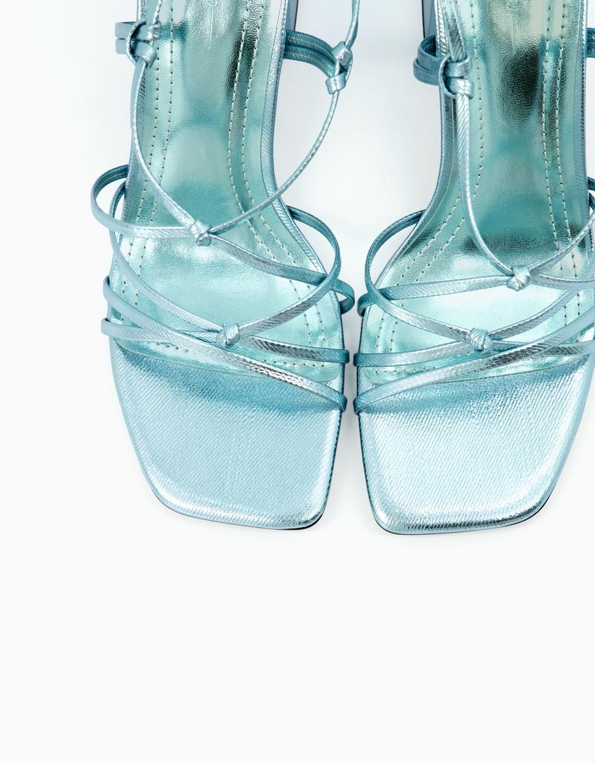 Tied heeled metallic sandals-Silver