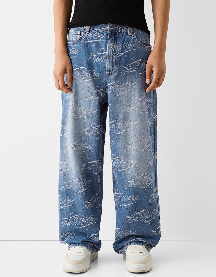 Jacquard print baggy jeans-Light blue-1