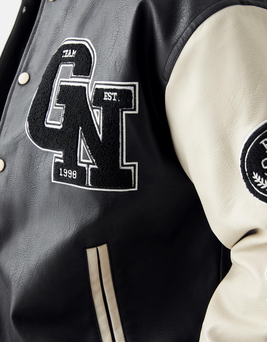 Varsity faux leather jacket-Black-7