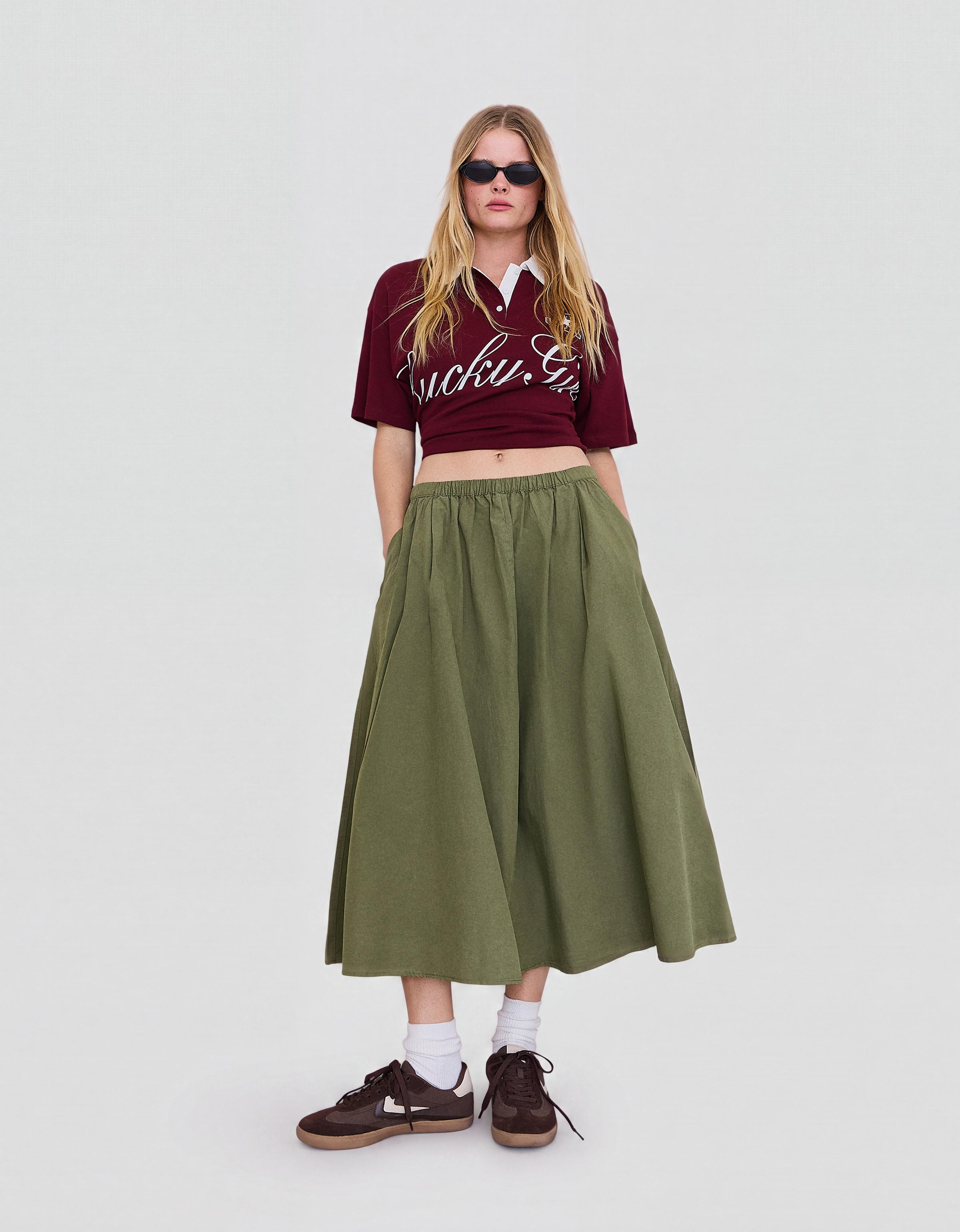 Elasticated waist midi skirt — Khaki