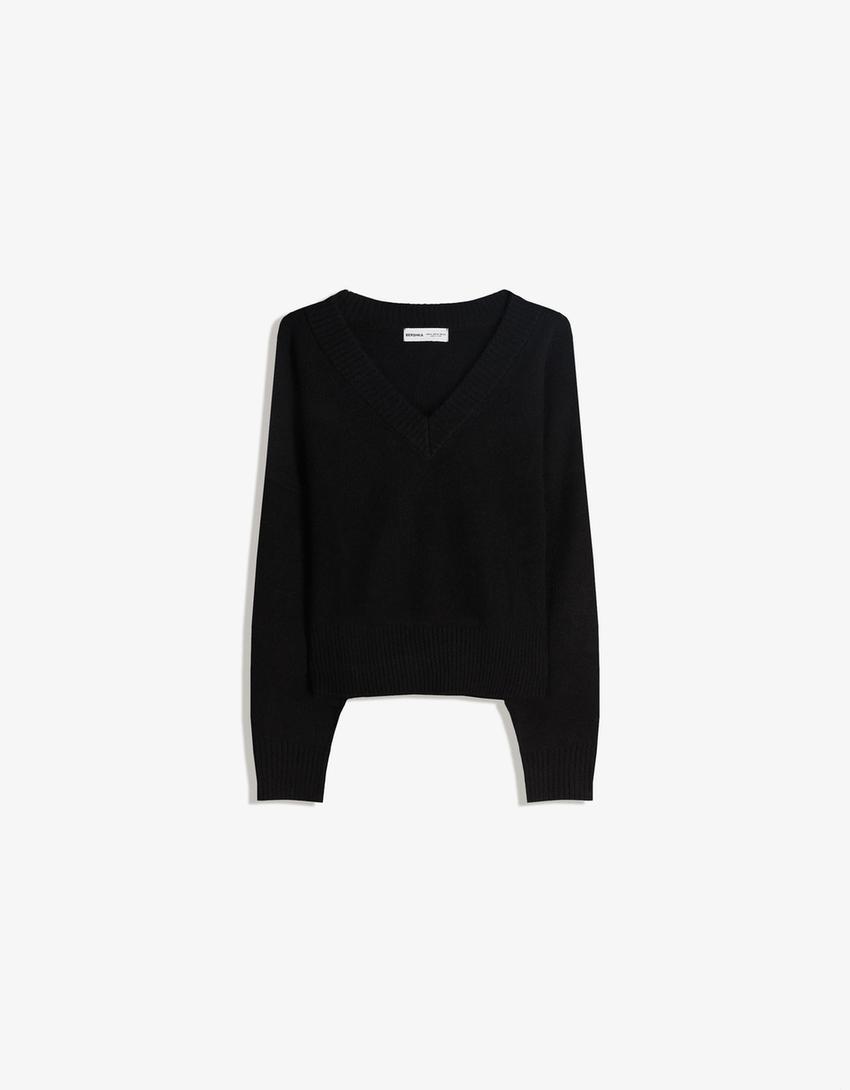 Maglia cropped con scollo a V-Nero