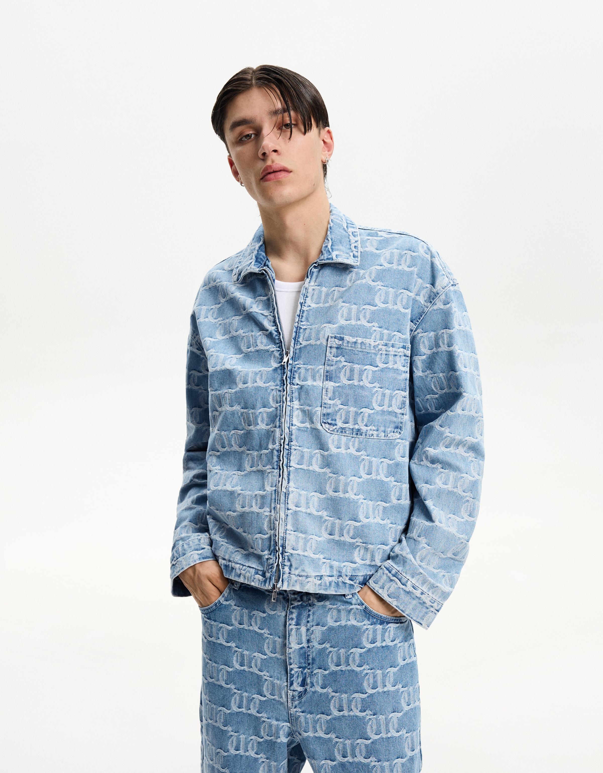 Bershka Jeans-Hemdjacke Mit Reißverschluss Und Jacquardmuster Herren M Hellblau