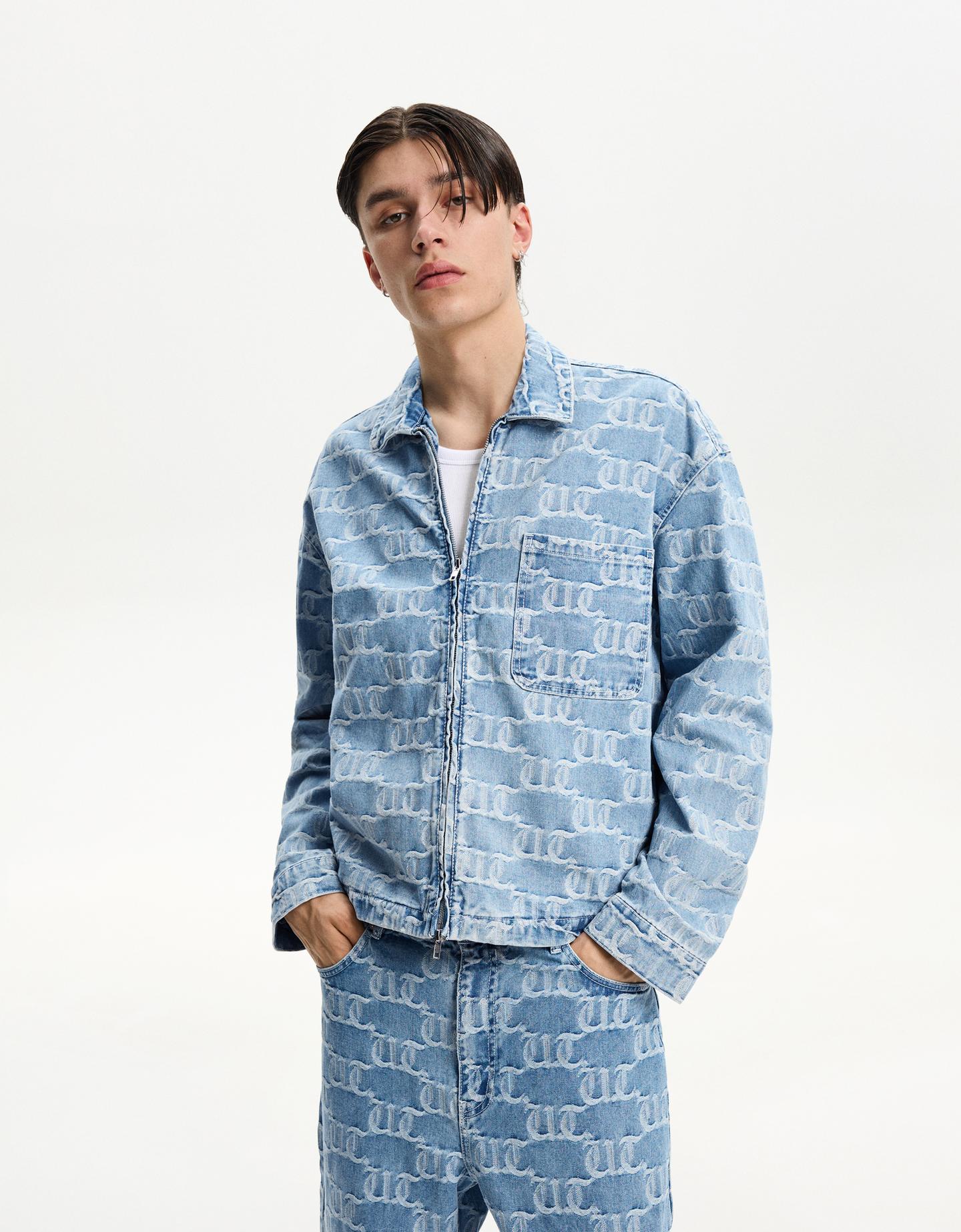 Bershka Sobrecamisa Denim Cremallera Jaquard Hombre M Azul Claro