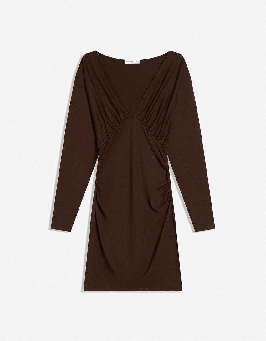 Gathered mini dress-Brown