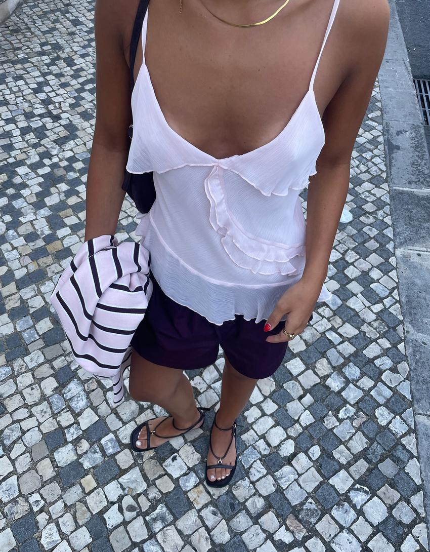 Top à bretelles à volants-Rose