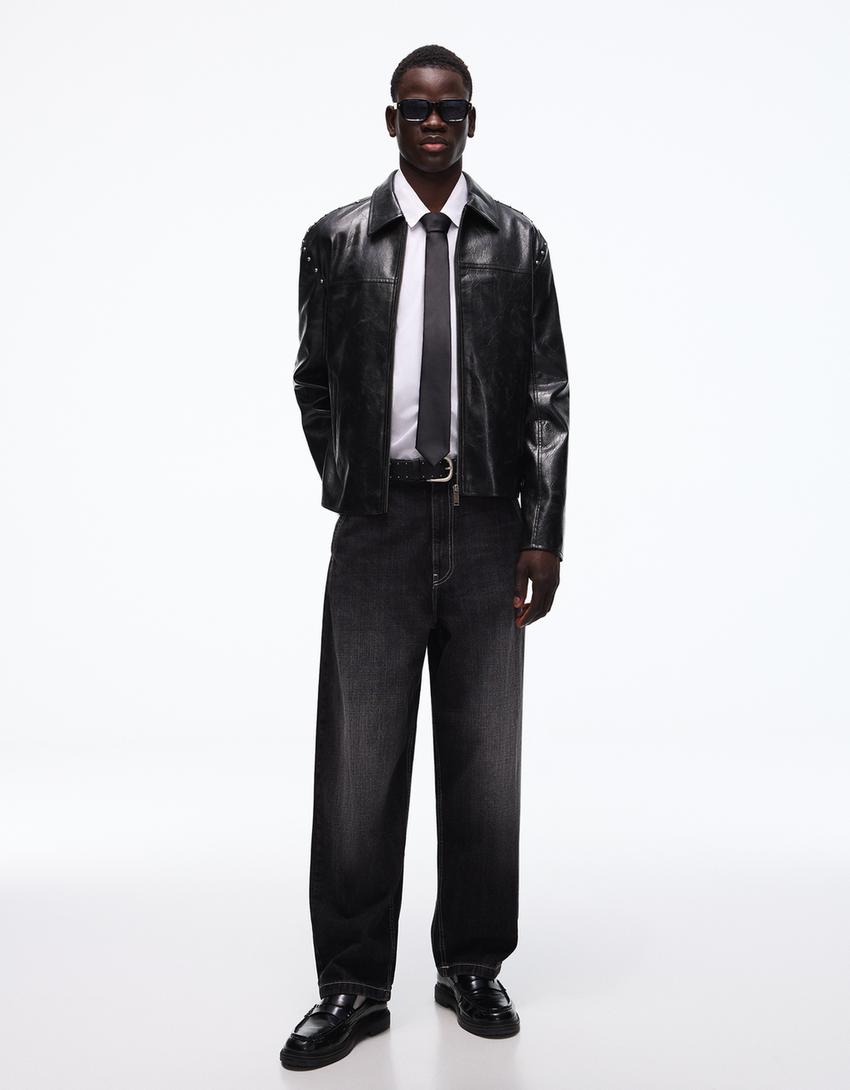 Studded leather effect jacket-Black