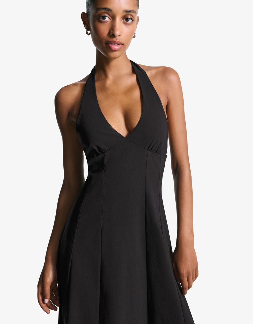 Bengaline halter midi dress-Black-2