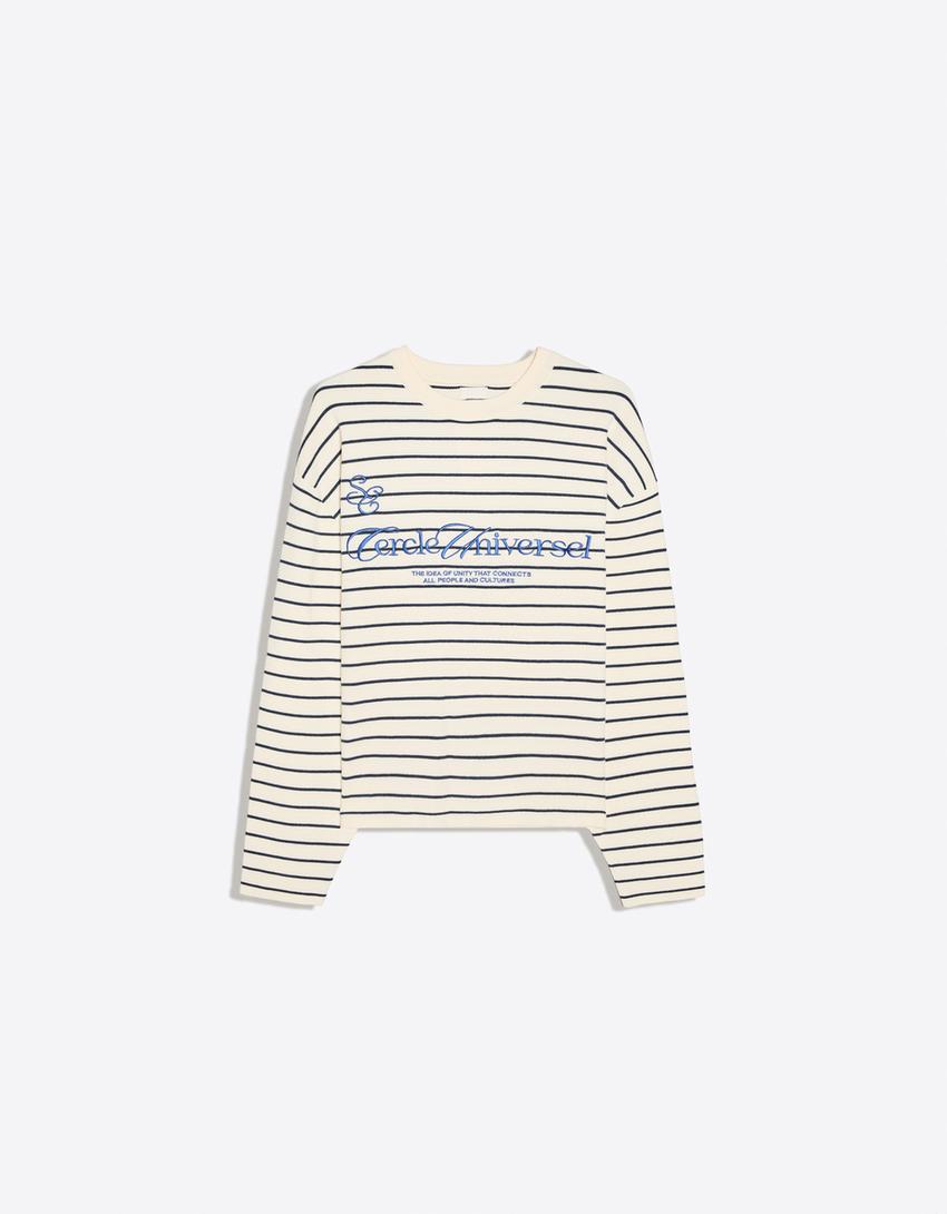 Bestickter Pullover mit Rundausschnitt-Rohweiß