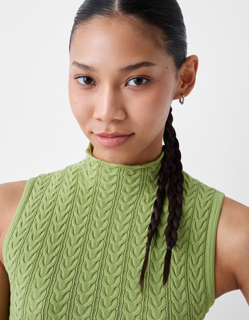Sleeveless cable-knit top with high neck-Green-2