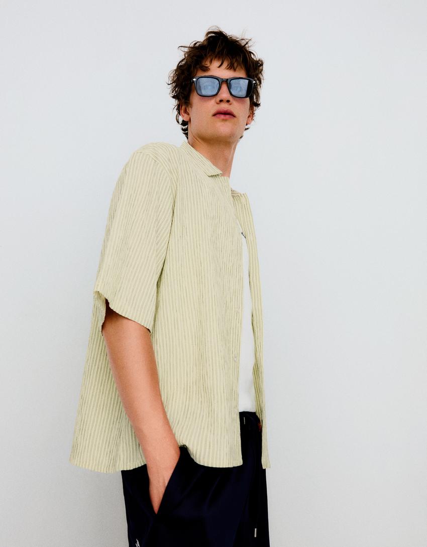 Striped boxy fit short sleeve shirt-Green