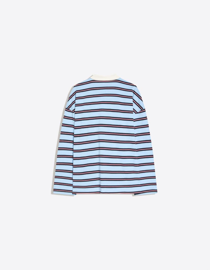 Printed polo collar long sleeve T-shirt-Light blue