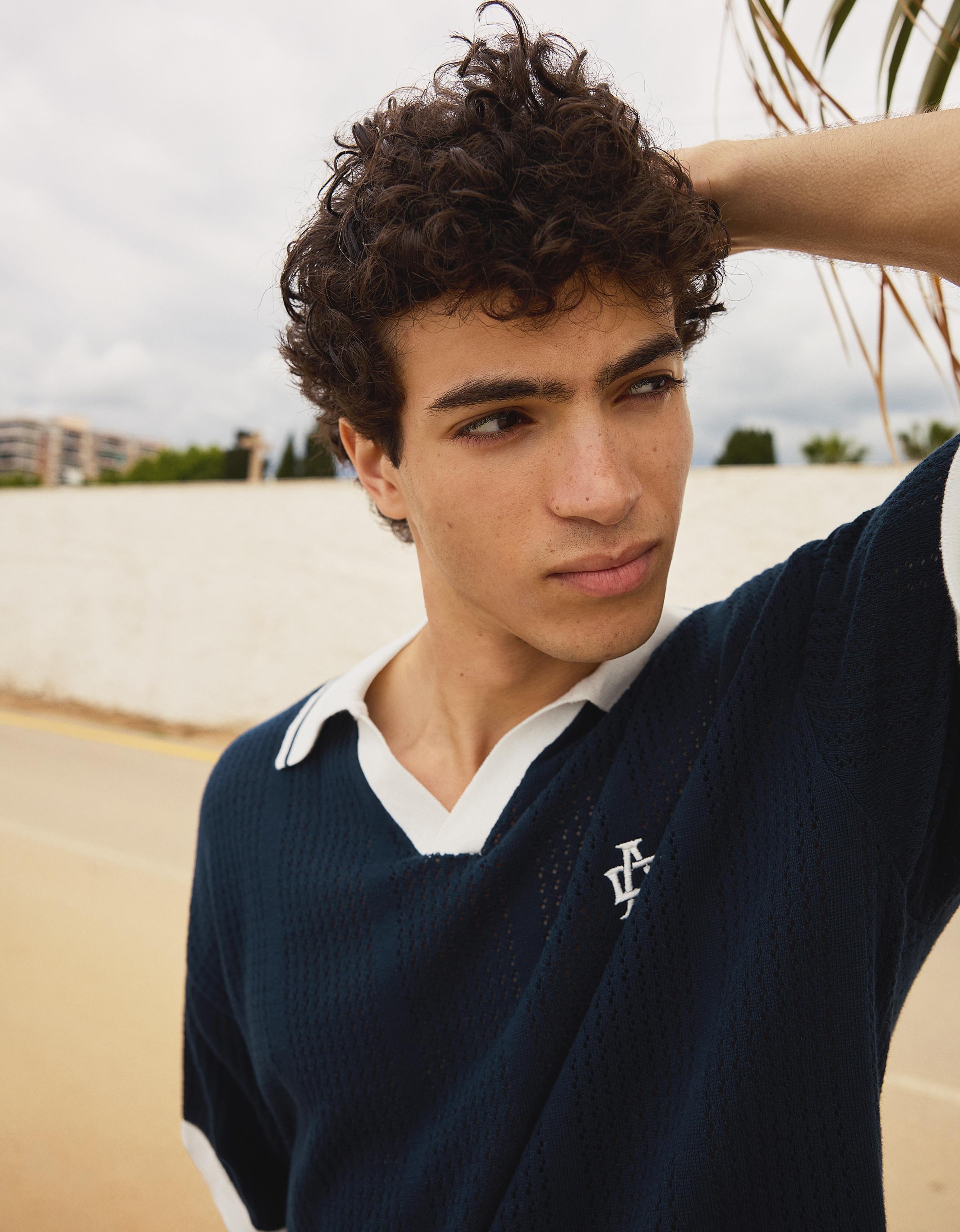 Short sleeve print polo shirt — Navy