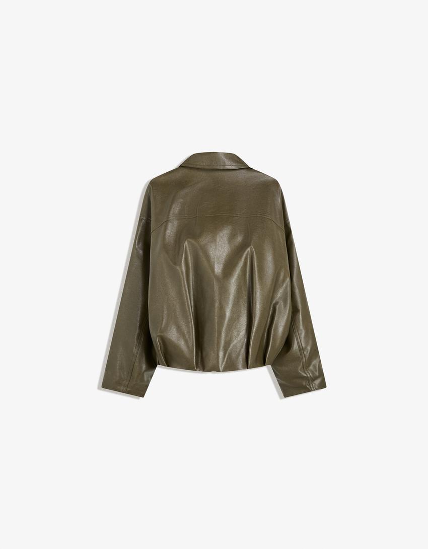 Kurtka bomber ze sztucznej skóry z paskiem-Khaki