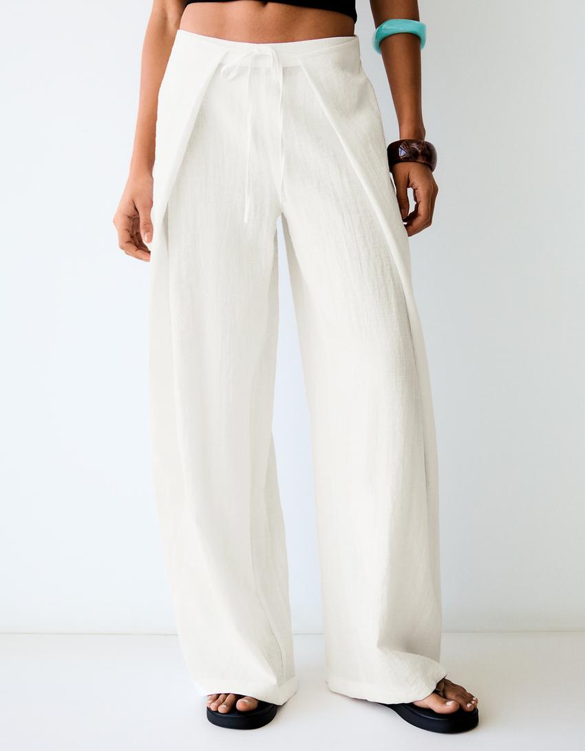Wide-leg rustic pleated trousers-Off white