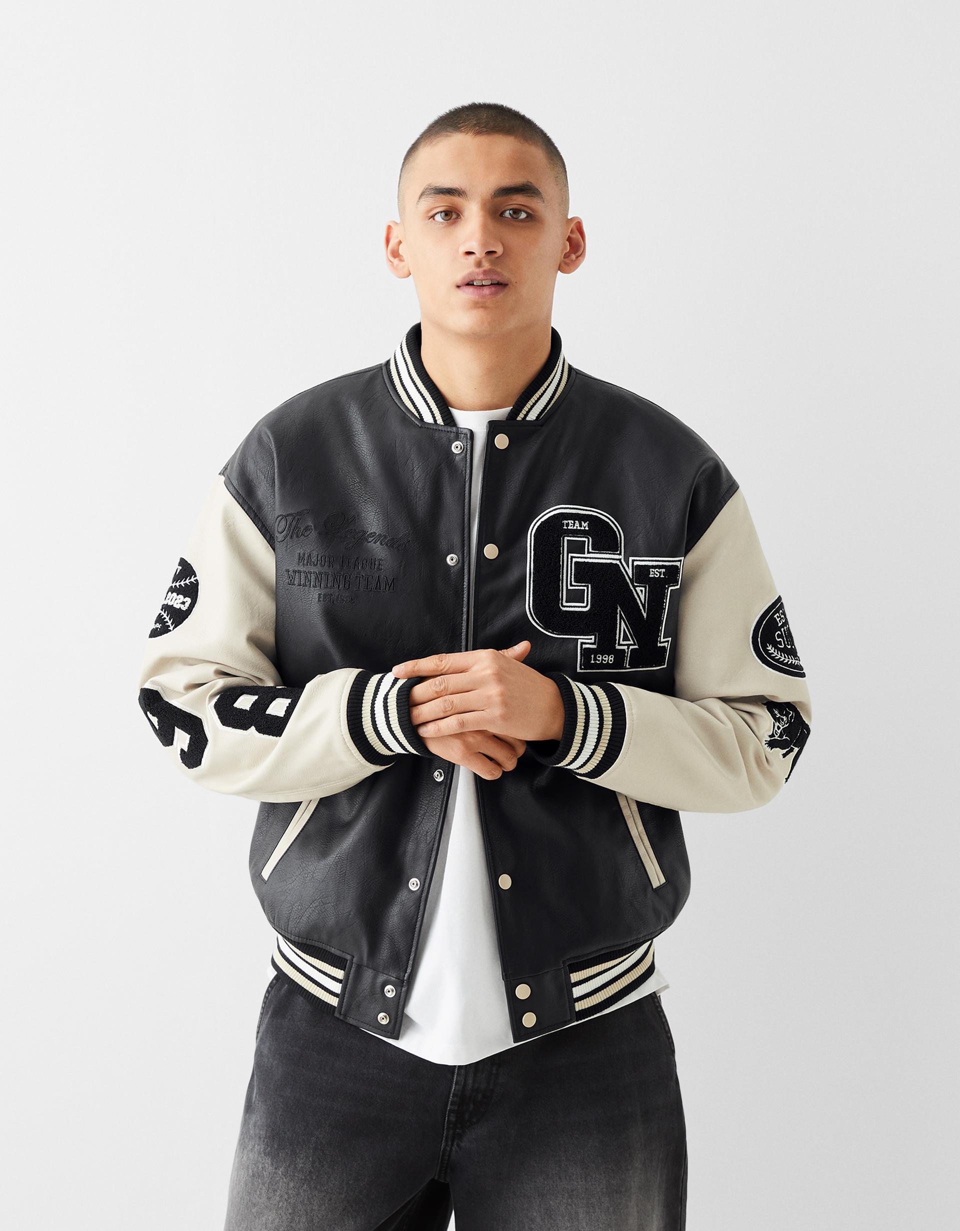 Synthetic Leather 飛び込める College Jacket ブラック 