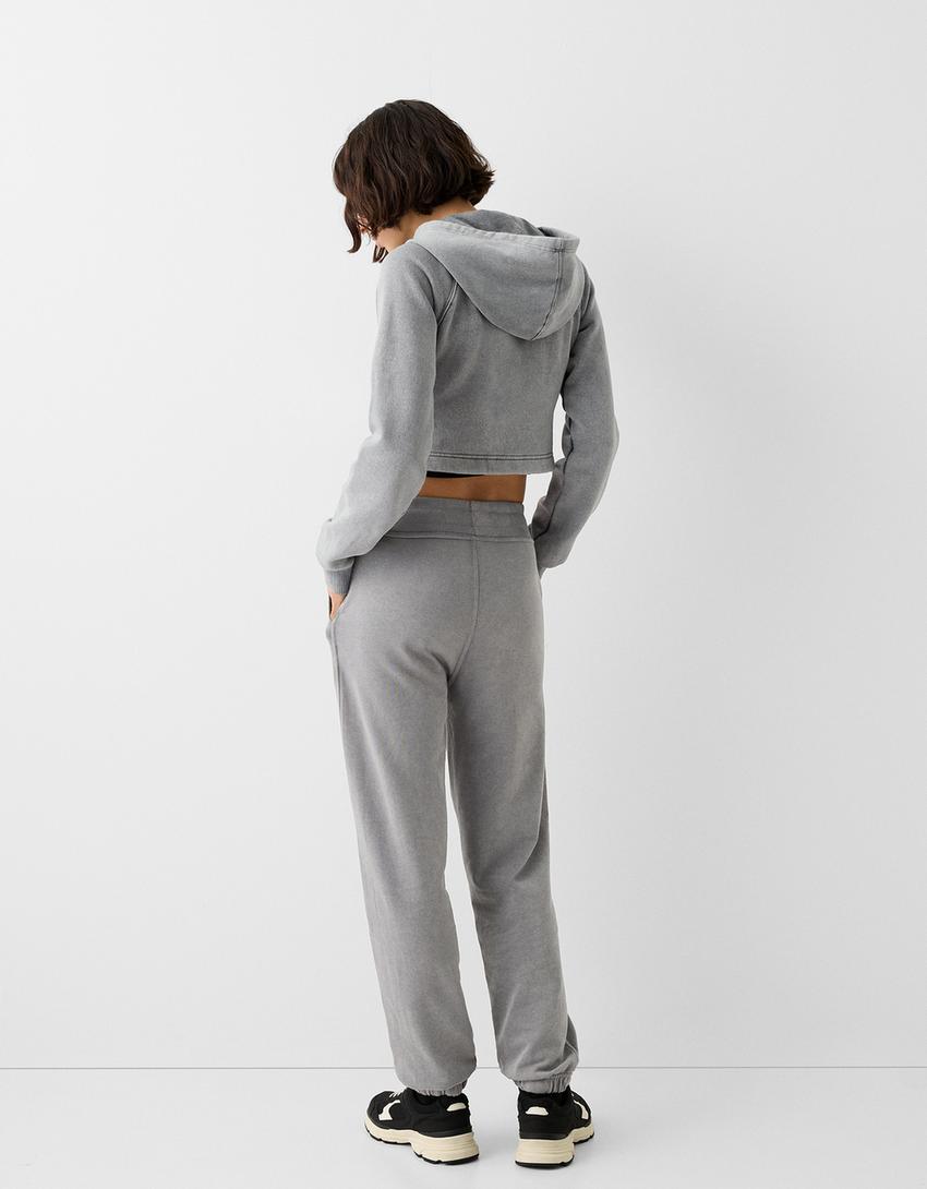 Cropped zip-up hoodie-Grey-1