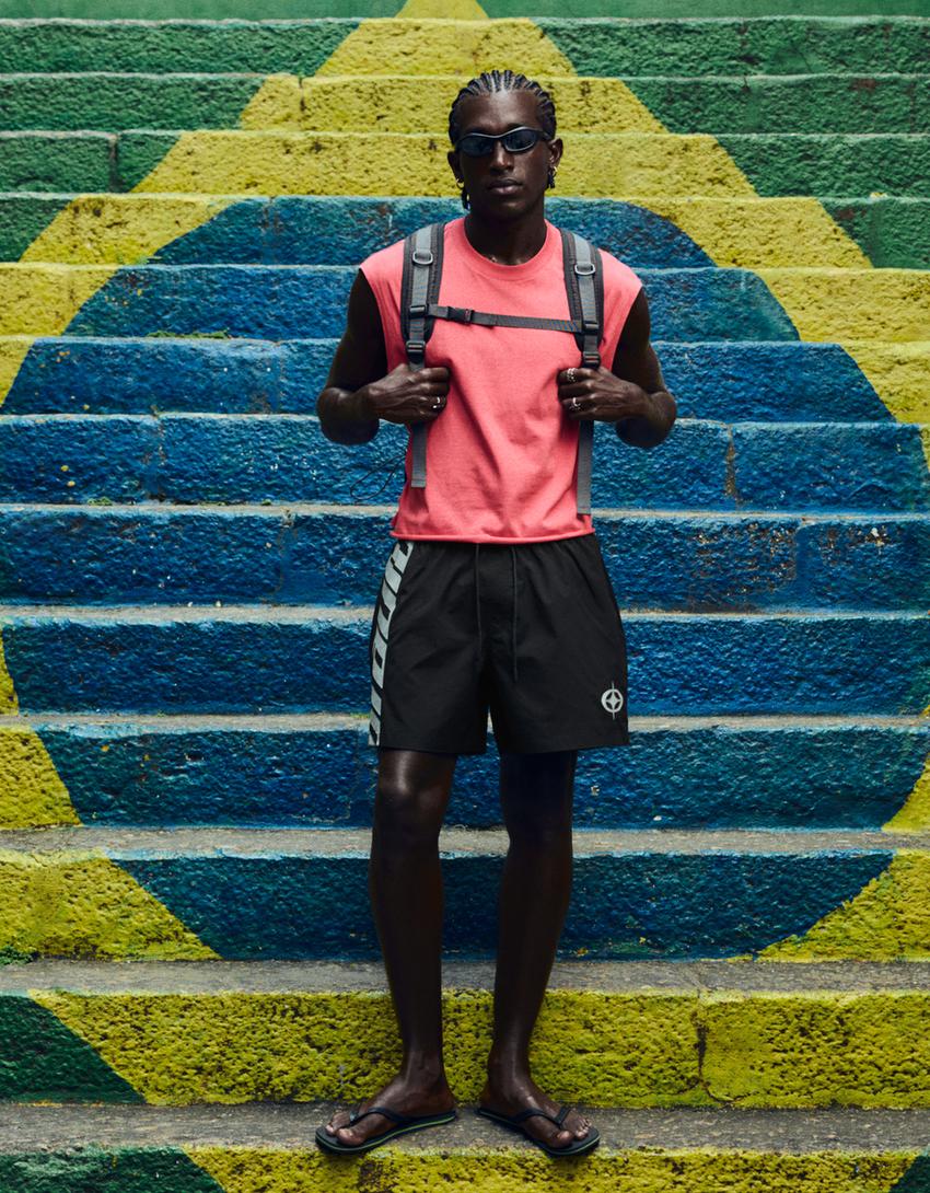 Boxy fit çift bel baskılı mayo-Siyah