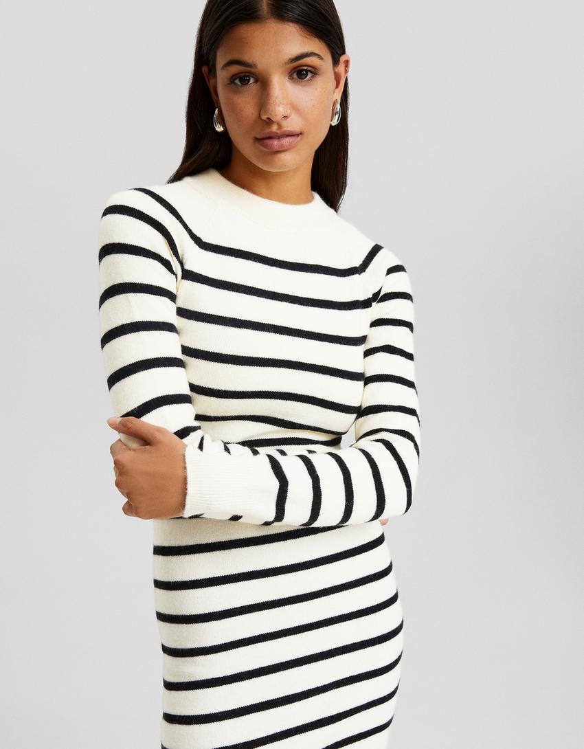 فستان قصير محاك ومقلّم بأكمام طويلة-كريمي-3