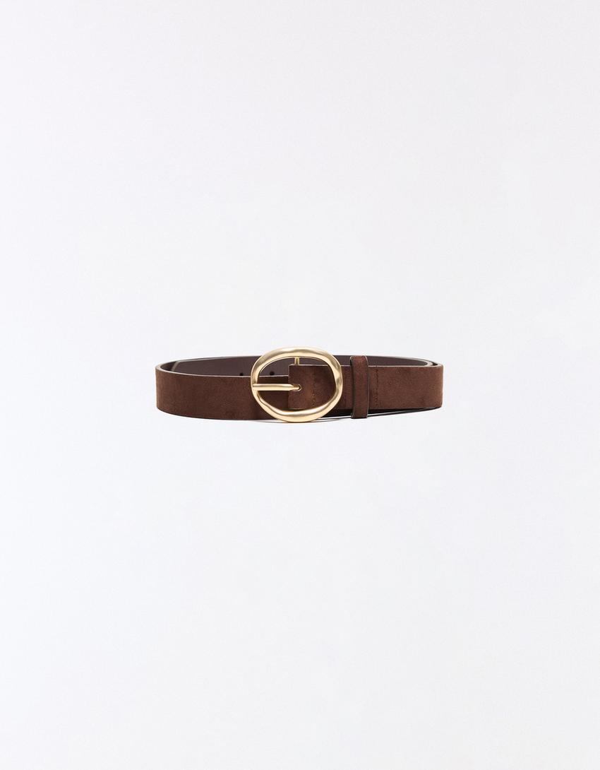 Leather effect belt with buckle-Brown
