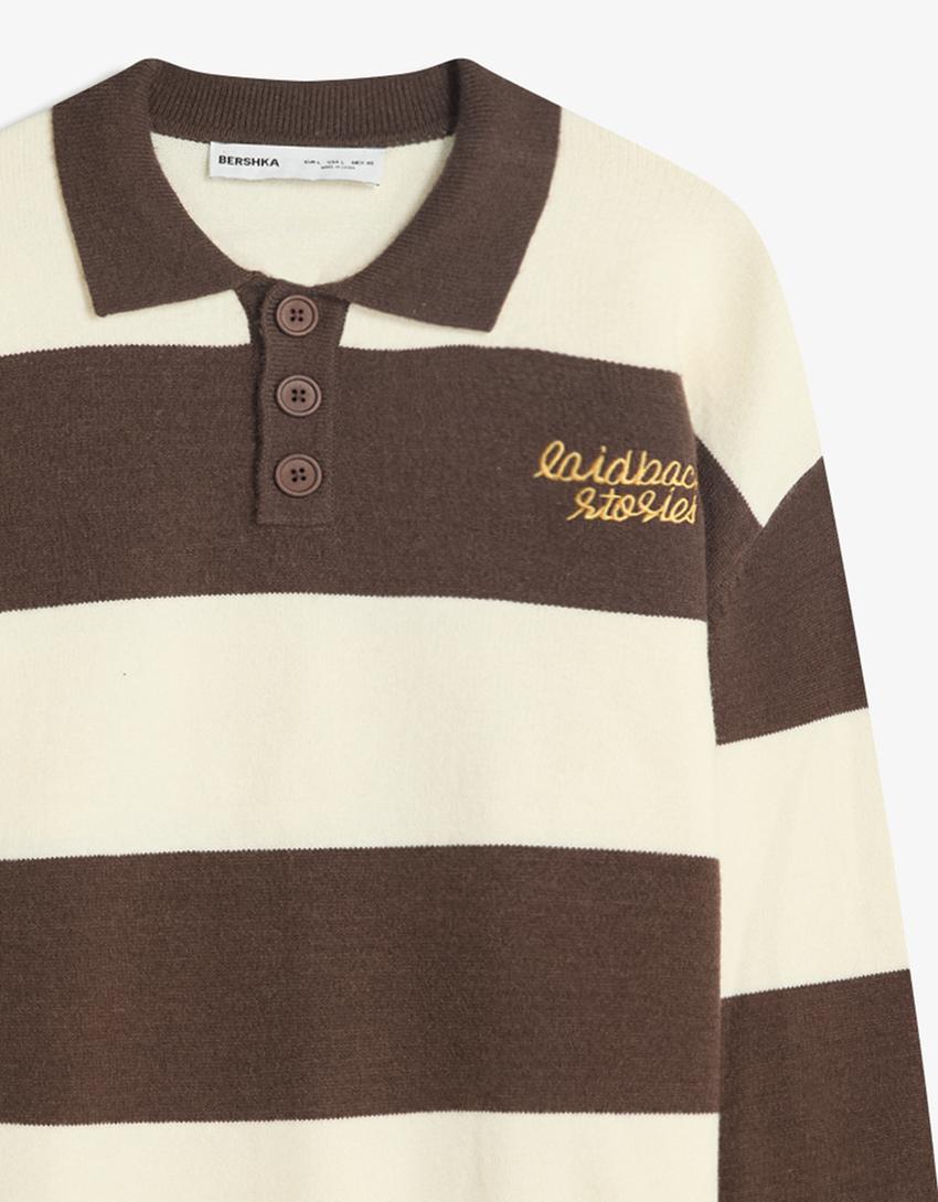 Polo collar sweater with stripes-Brown