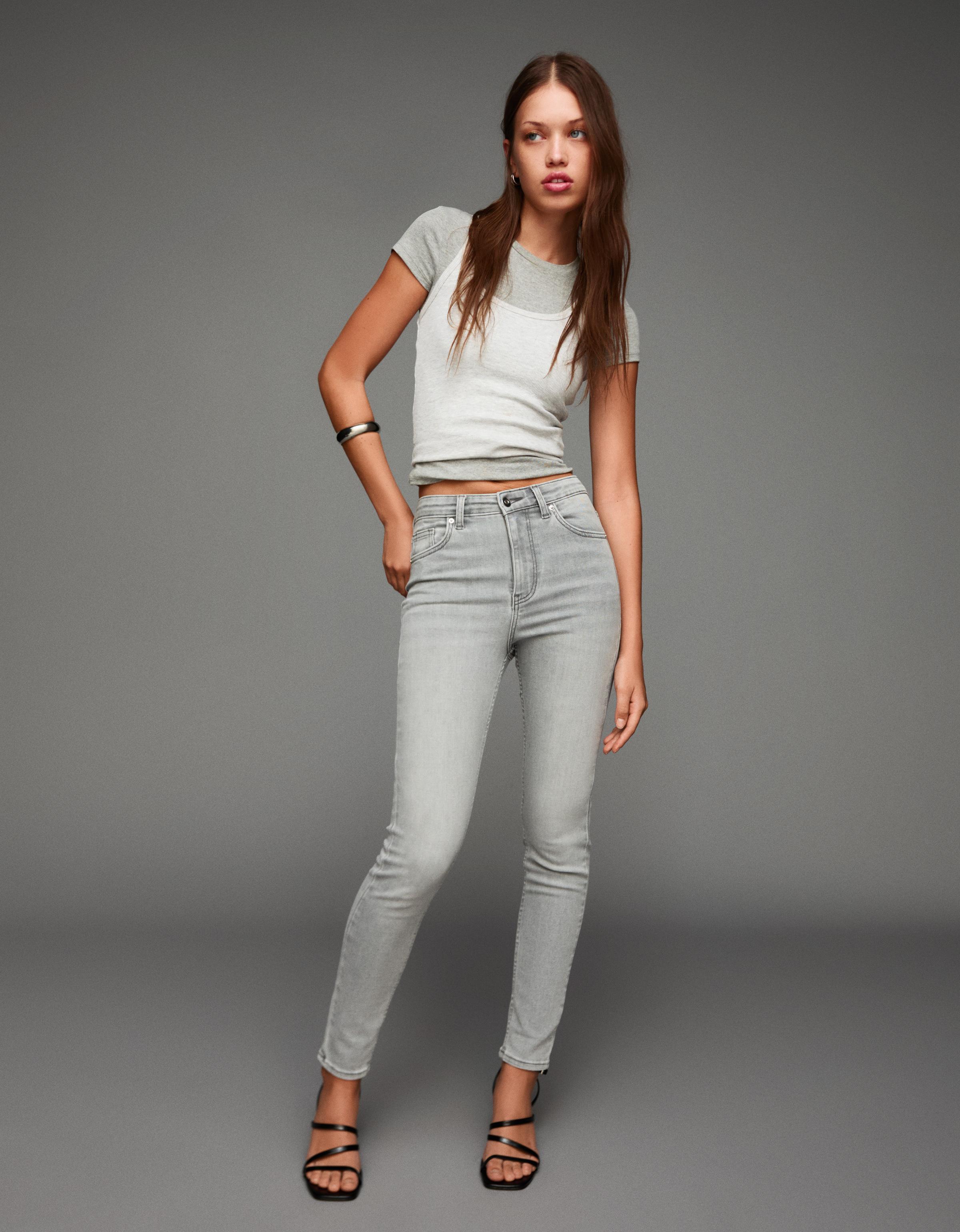 Bershka Jeans Mit Super Hohem Bund, Skinny, Soft Damen 42 Grau