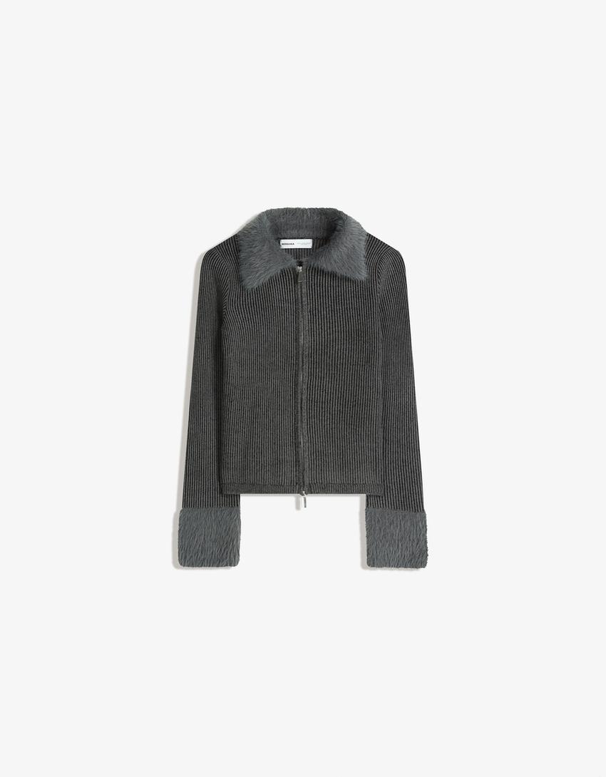 Cardigan fermoar guler imitație de blană-Gri închis